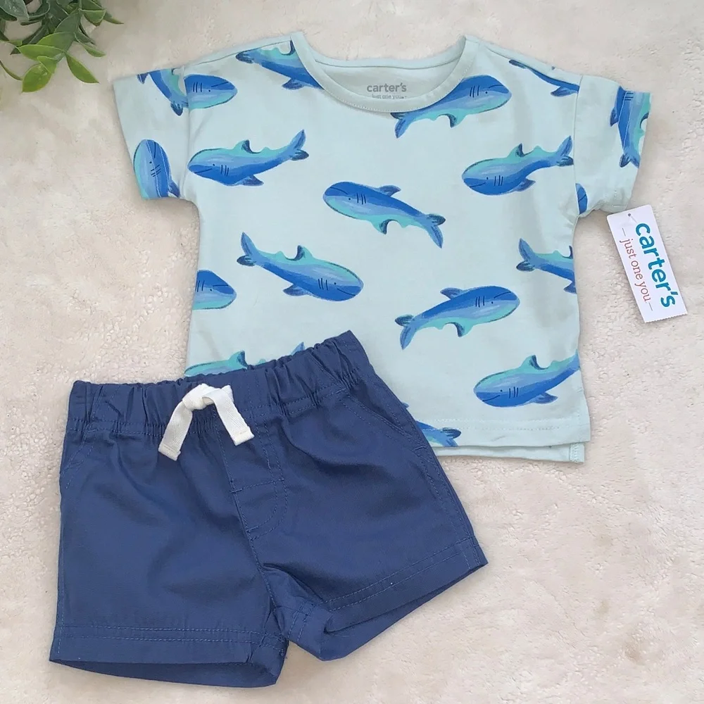 NWT Carter’s Blue Shark Shorts Set 3M Baby Boy Outfit